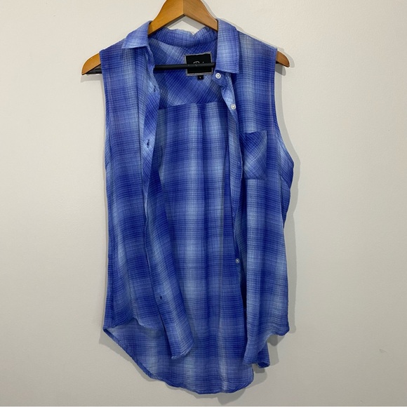 Rails Blue Plaid Sleeveless Tunic Top Women’s Large Button Up High Low Hem - Picture 12 of 13